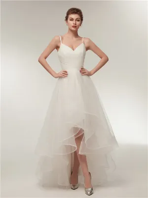 Spaghetti Straps V-neck Lace up Back Long Organza Wedding Dresses, WD0460