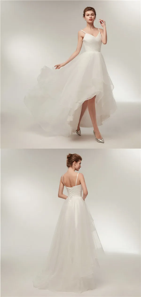Spaghetti Straps V-neck Lace up Back Long Organza Wedding Dresses, WD0460