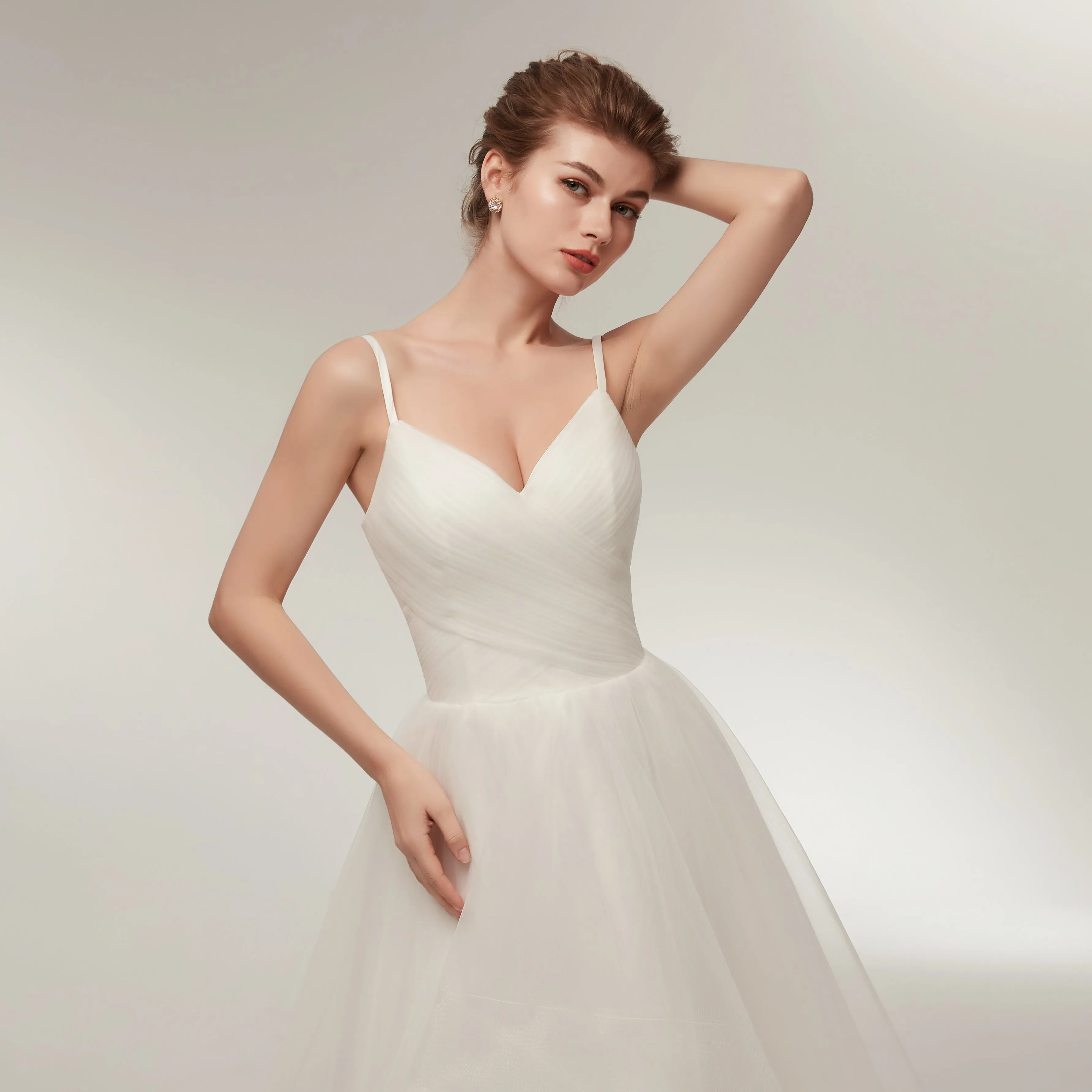 Spaghetti Straps V-neck Lace up Back Long Organza Wedding Dresses, WD0460