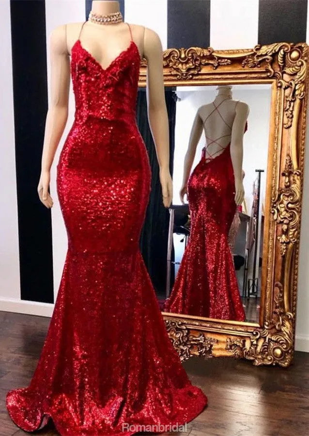 Spaghetti Straps V-neck Red Sequins Lace Up Back Prom Dresses, PD0683