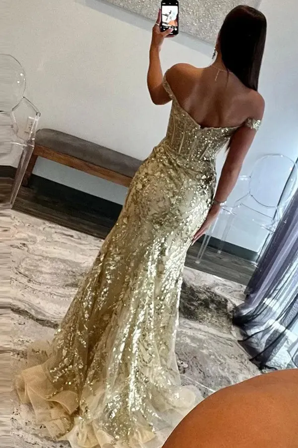 Sparkly Off Shoulder Mermaid Black Long Prom Dress with Slit TP1380