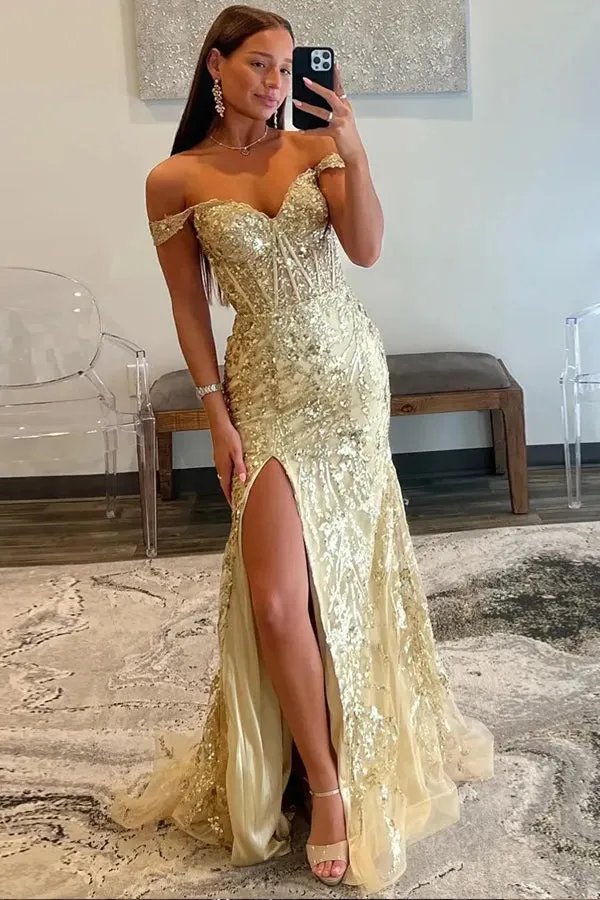 Sparkly Off Shoulder Mermaid Black Long Prom Dress with Slit TP1380