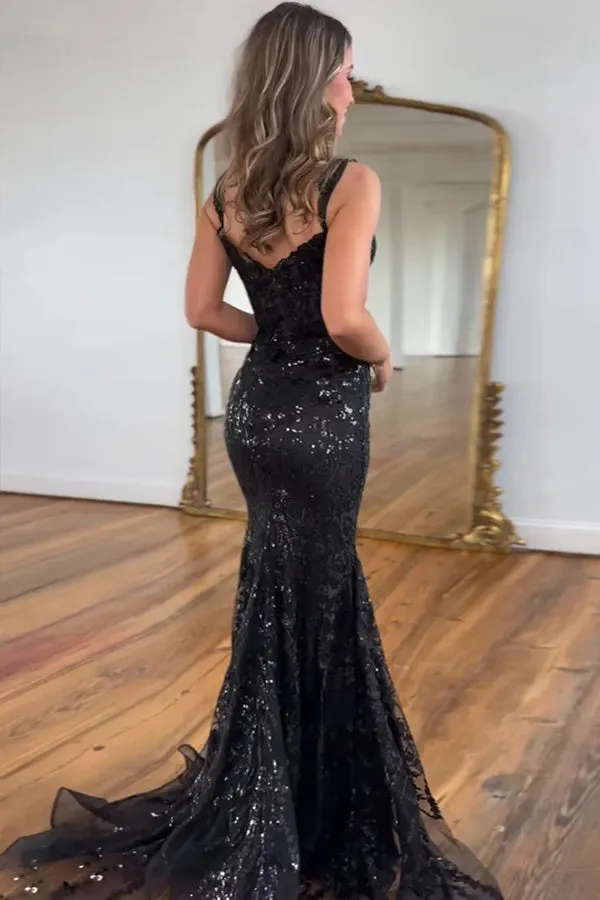 Sparkly Off Shoulder Mermaid Black Long Prom Dress with Slit TP1380