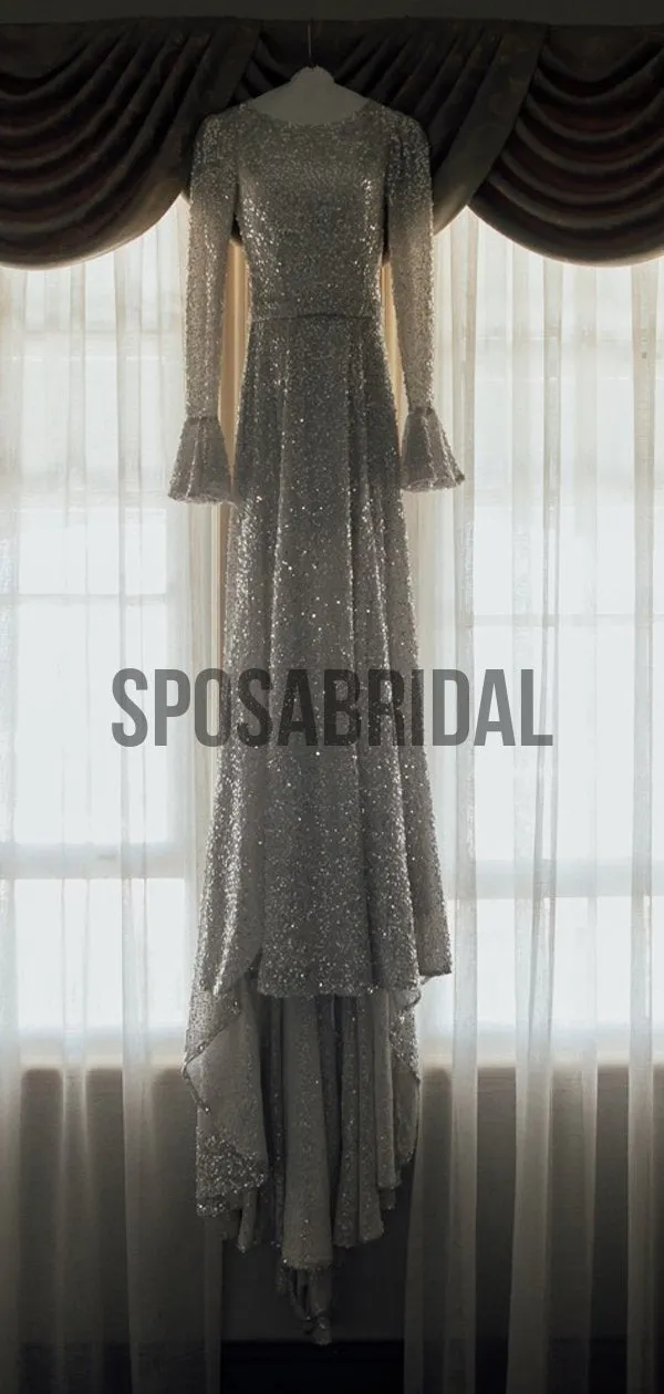 Sparkly Sequin Unique Full Neck Long Sleeves Vintage Wedding Dresses, WD0525