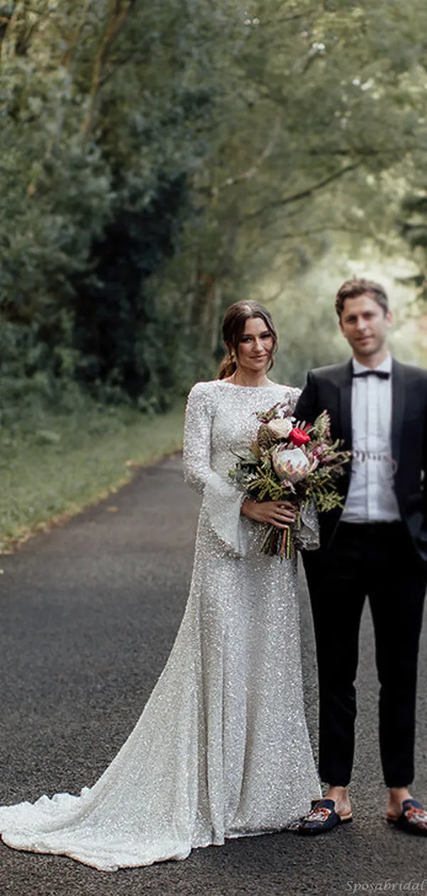 Sparkly Sequin Unique Full Neck Long Sleeves Vintage Wedding Dresses, WD0525