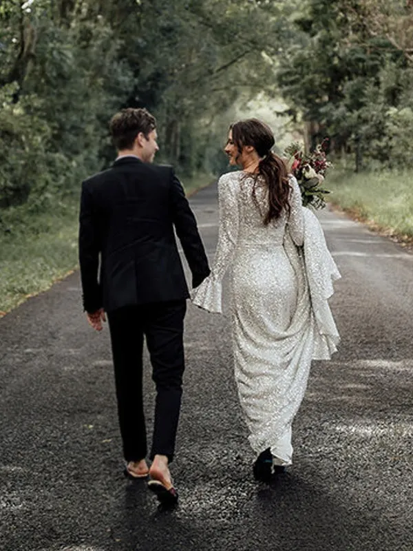 Sparkly Sequin Unique Full Neck Long Sleeves Vintage Wedding Dresses, WD0525