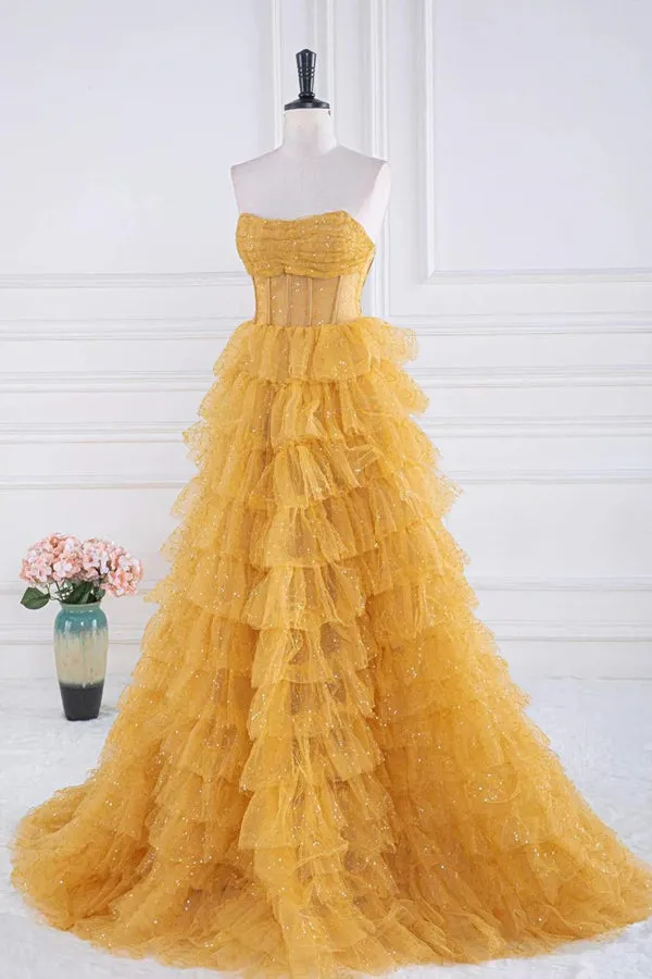 Sparkly Tulle Tiered Ruffles Gold Prom Dress Strapless Evening Dress TP1316