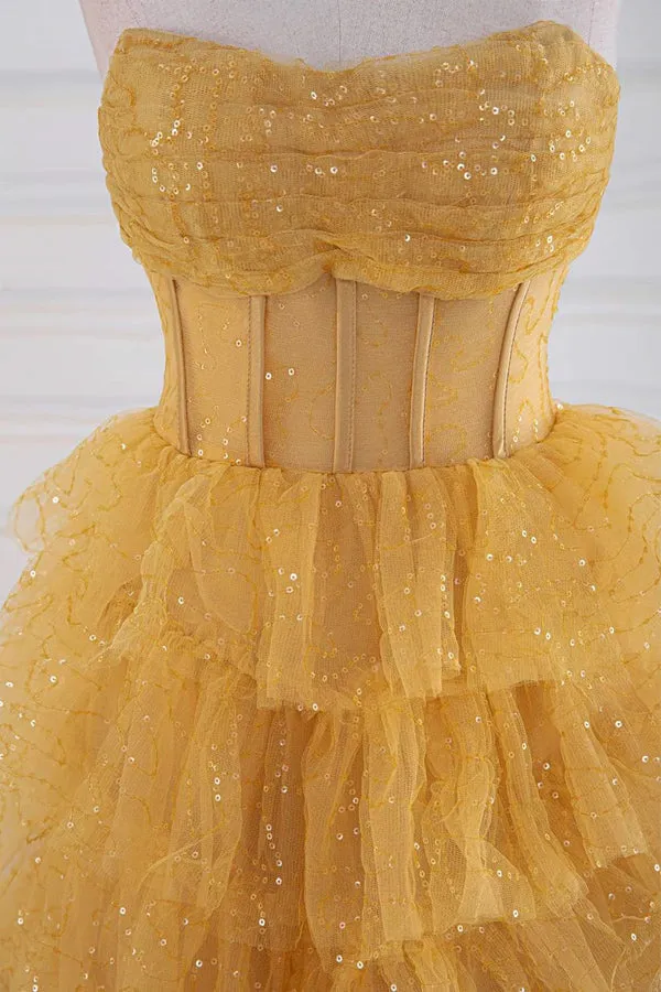Sparkly Tulle Tiered Ruffles Gold Prom Dress Strapless Evening Dress TP1316
