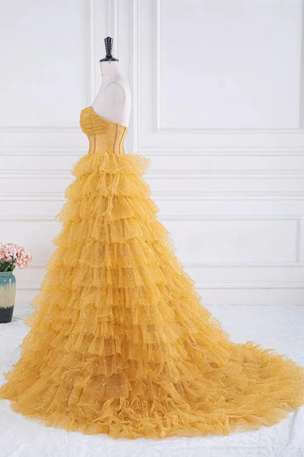 Sparkly Tulle Tiered Ruffles Gold Prom Dress Strapless Evening Dress TP1316