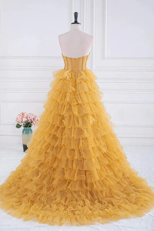 Sparkly Tulle Tiered Ruffles Gold Prom Dress Strapless Evening Dress TP1316