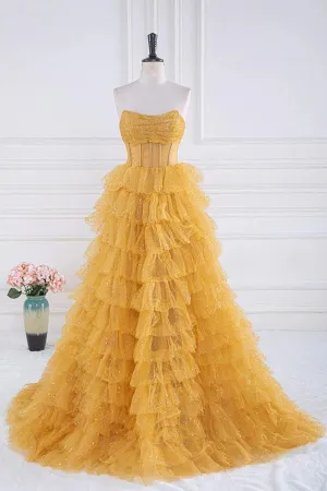 Sparkly Tulle Tiered Ruffles Gold Prom Dress Strapless Evening Dress TP1316