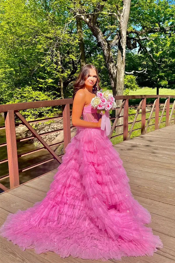 Sparkly Tulle Tiered Ruffles Gold Prom Dress Strapless Evening Dress TP1316