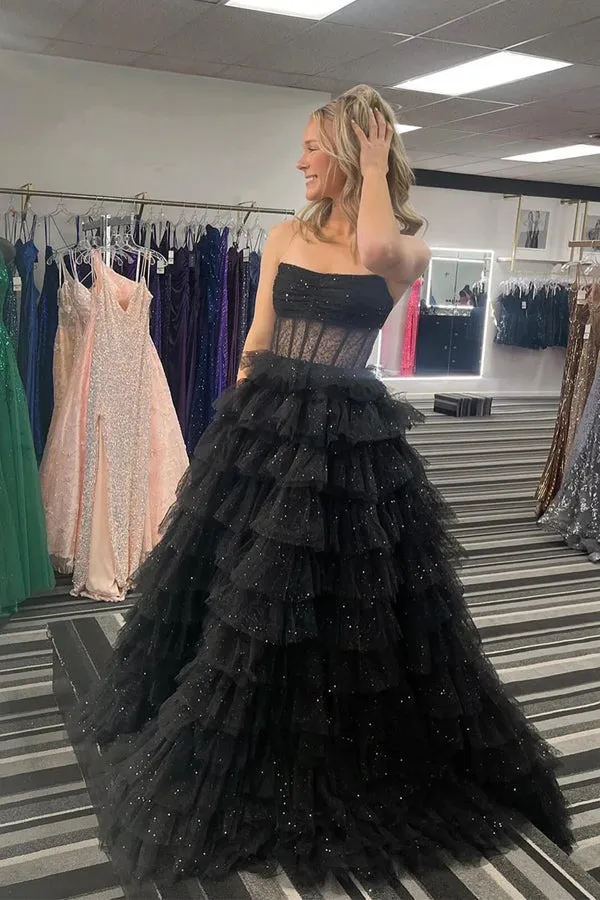 Sparkly Tulle Tiered Ruffles Gold Prom Dress Strapless Evening Dress TP1316