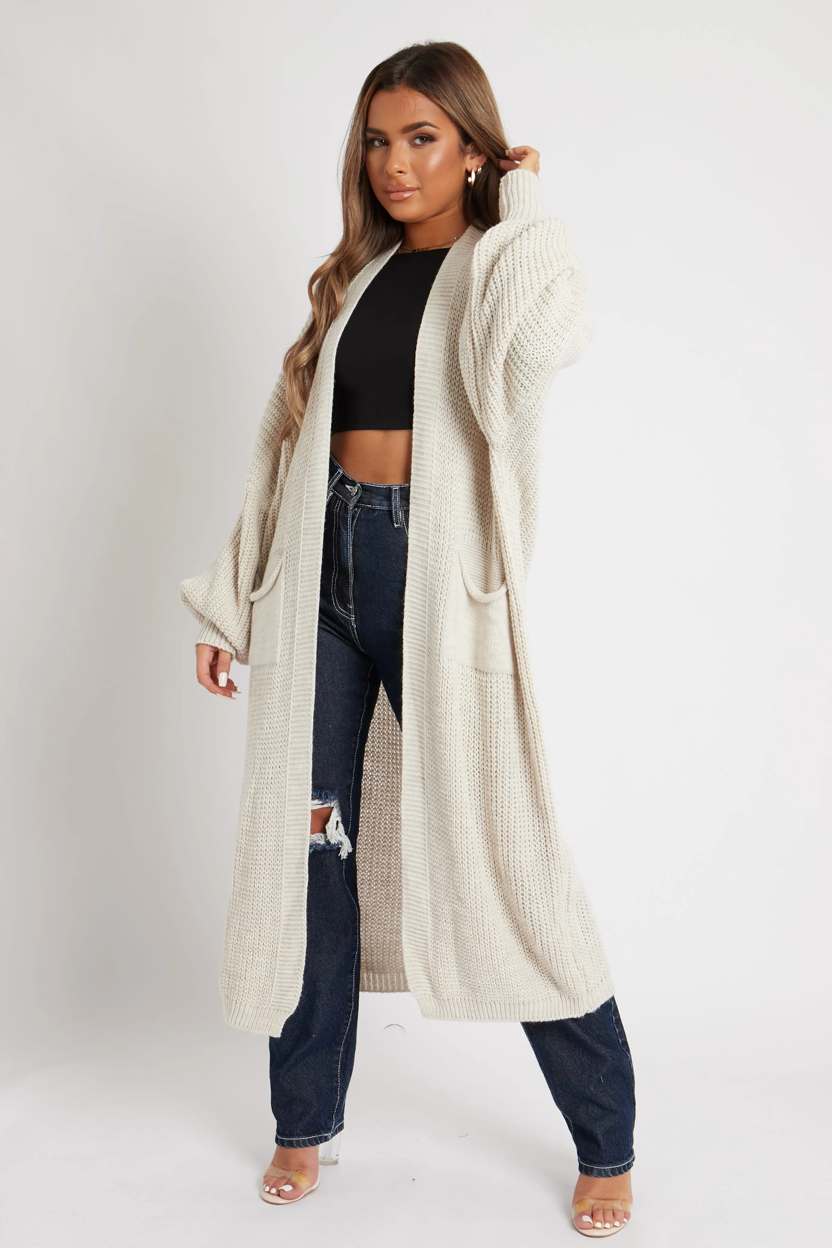 Stone Balloon Sleeve Maxi Knit Cardigan - Imara