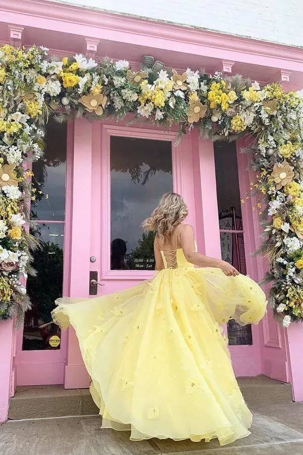 Straps Tulle Bodice 3D Flowers With Back Lace Up Yellow Prom Dress TP0976