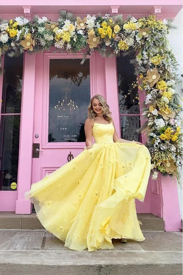 Straps Tulle Bodice 3D Flowers With Back Lace Up Yellow Prom Dress TP0976