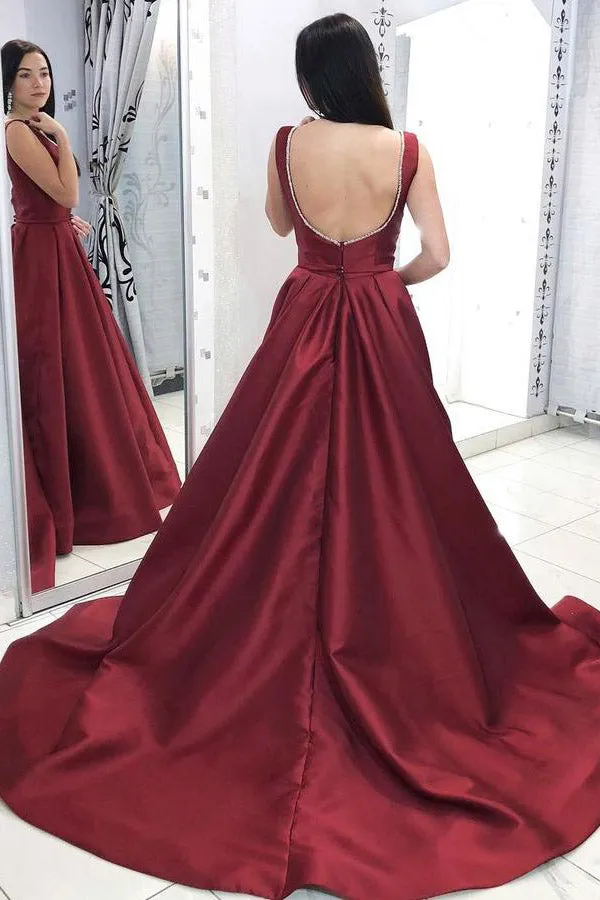 Straps U-Back Burgundy Long Prom Dress