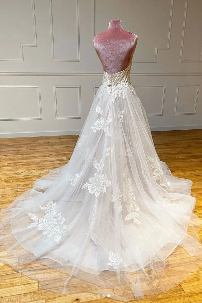 Stunning A Line Spaghetti Straps Tulle Lace Appliques Long Wedding Dress OK1163