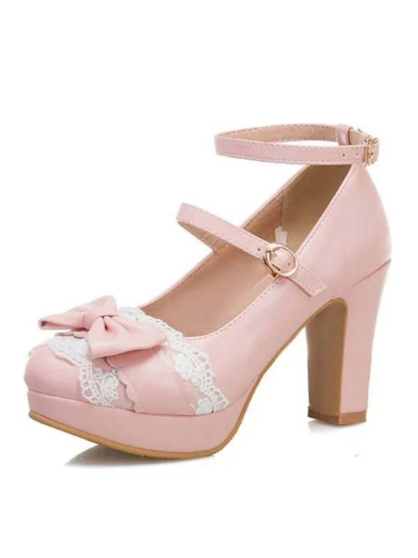 Sweet Lolita Footwear Bow Lace PU Leather Platform Chunky Heel Lolita Shoes