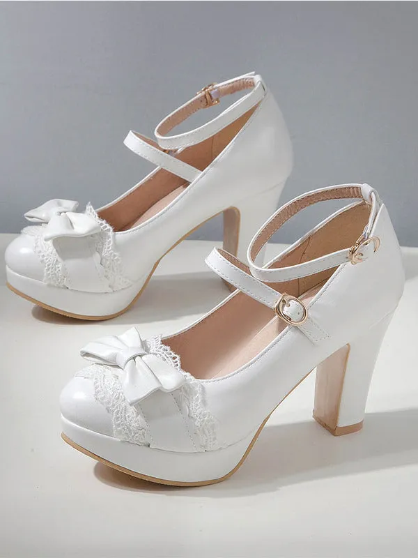 Sweet Lolita Footwear Bow Lace PU Leather Platform Chunky Heel Lolita Shoes
