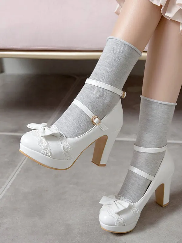 Sweet Lolita Footwear Bow Lace PU Leather Platform Chunky Heel Lolita Shoes