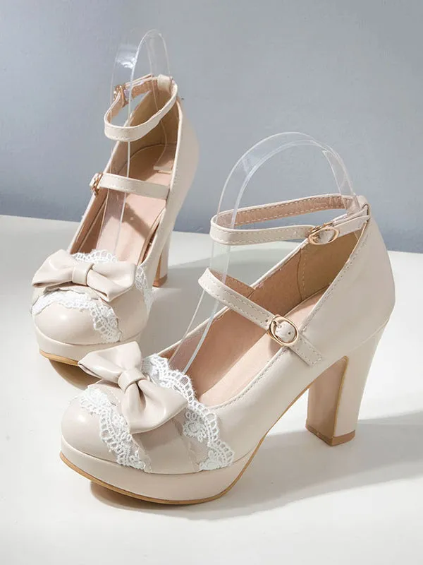 Sweet Lolita Footwear Bow Lace PU Leather Platform Chunky Heel Lolita Shoes