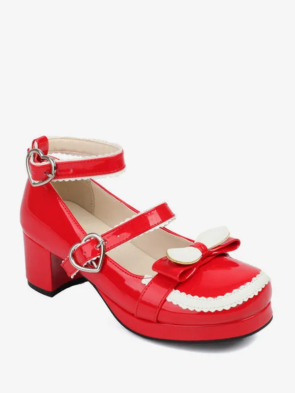 Sweet Lolita Footwear Red Bows PU Leather Chunky Heel Lolita Pumps