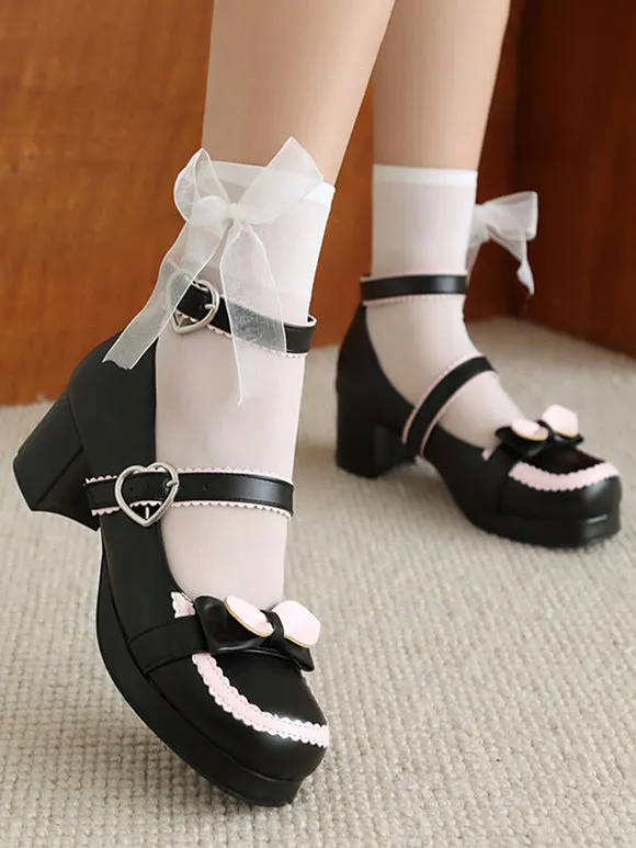 Sweet Lolita Footwear Red Bows PU Leather Chunky Heel Lolita Pumps