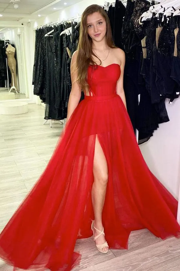 Sweetheart A-line Tulle Red Prom Dress Split Evening Dress TP1038