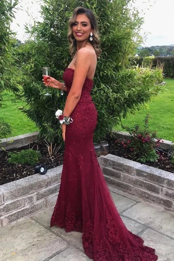Sweetheart Mermaid Burgundy Lace Prom Dress Strapless Evening Dress TP1216