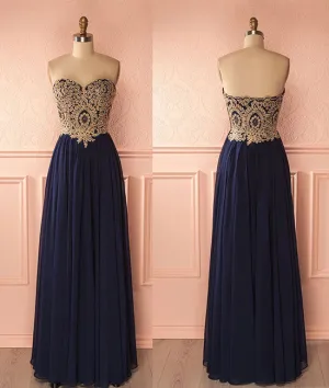 Sweetheart neck lace dark blue long prom dress, evening dress
