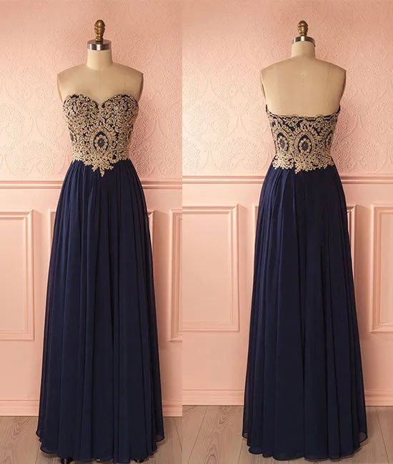 Sweetheart neck lace dark blue long prom dress, evening dress