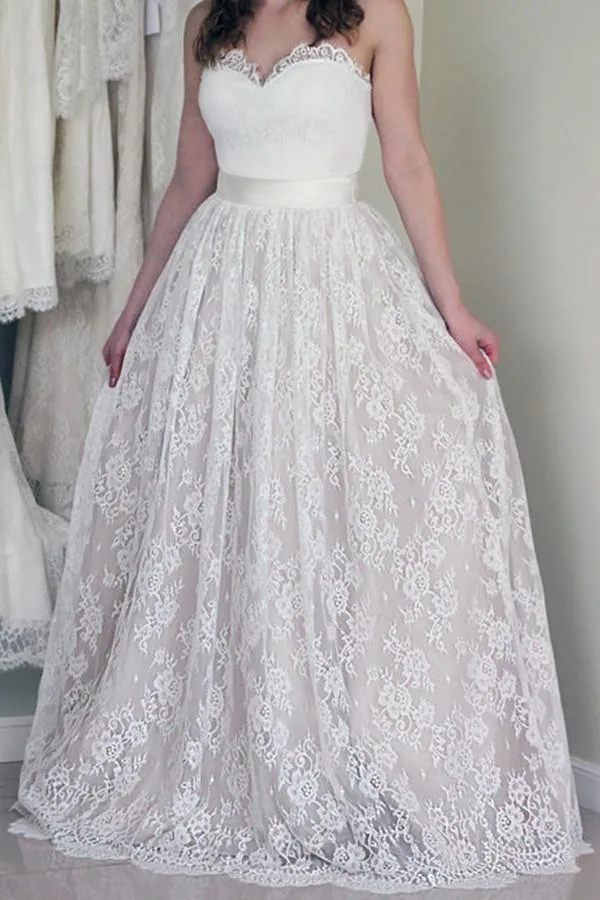 Sweetheart Sleeveless Long White Wedding Dress with Lace  WD053