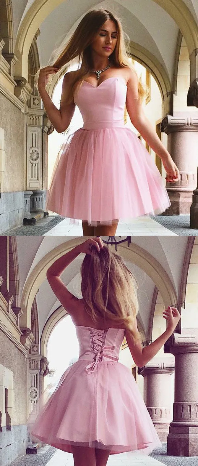 Sweetheart Strapless Lace-up Back Pink Tulle Homecoming Dresses, HD0549