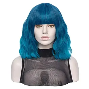 Teal Blue Short Bob Wavy Hair Wig with Bangs