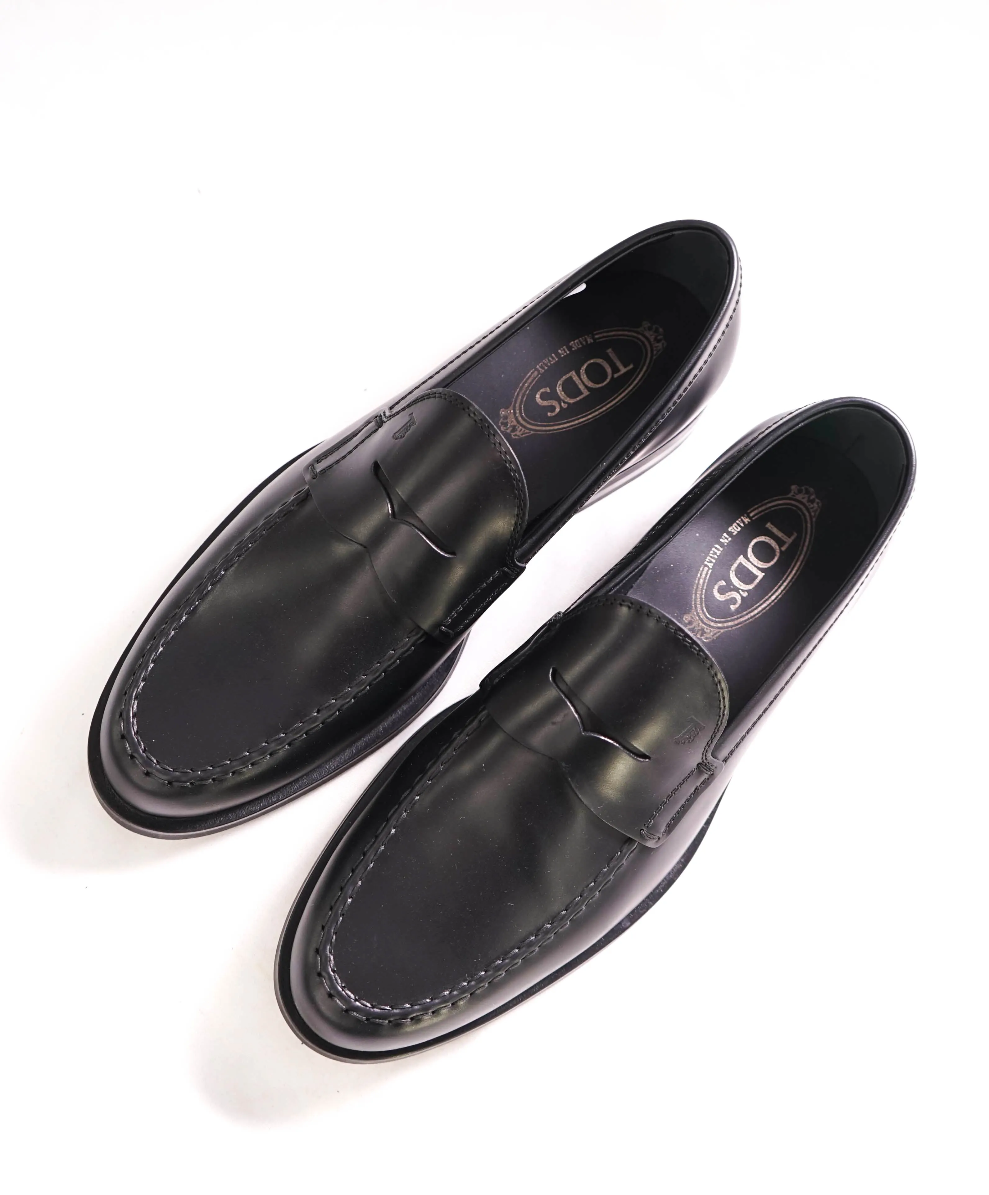 TOD’S - “Boston” Black Patina Logo Embossed Vamp Penny Loafers - 8.5 US (7.5 IT)