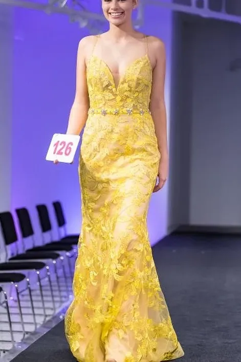 Trumpet/Mermaid Spaghetti Straps Lace Yellow Long Elegant Prom Dress Evening Dress OKS98