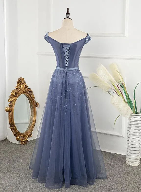 Tulle Sequins Cap Sleeves Long Party Dress, Floor Length Prom Dress