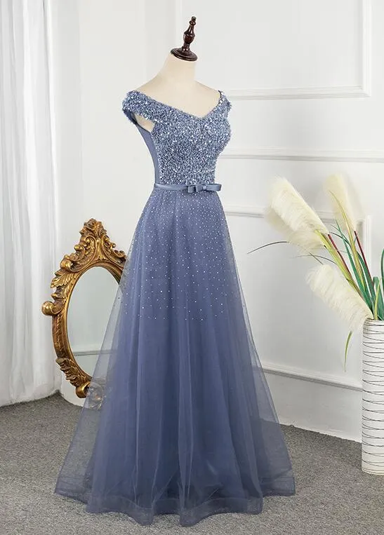Tulle Sequins Cap Sleeves Long Party Dress, Floor Length Prom Dress