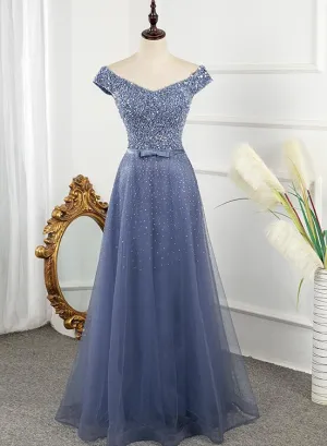 Tulle Sequins Cap Sleeves Long Party Dress, Floor Length Prom Dress