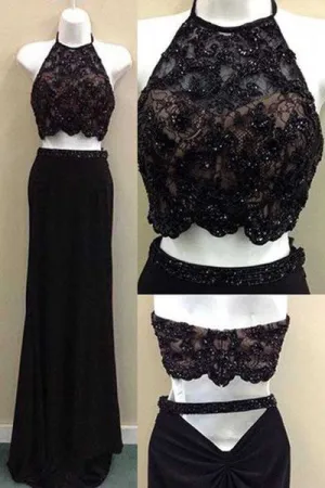 Two piece black long Sexy Beading Lace chiffon prom/evening dress OK230