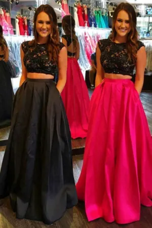 Two-piece Cap Sleeves Open Back Floor-Length Prom Dress Evening Dress PG294
