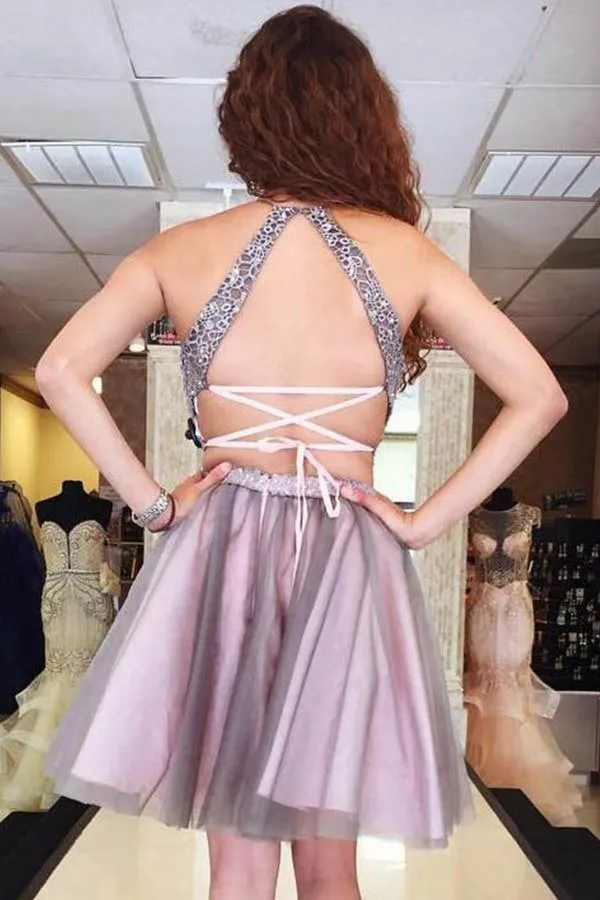 Two Piece Knee-Length Backless Grey Homecoming Dress With Lace  TR0174