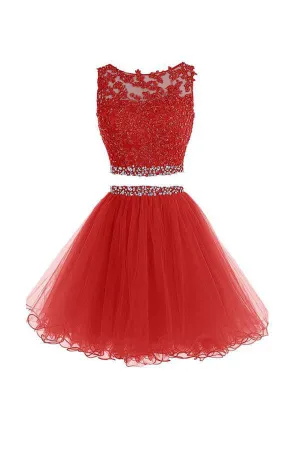 Two Pieces A Line Tulle Applique Short Homecoming/Prom Dress With Beads OK341