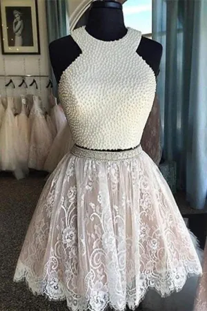 Two Pieces Halter Lace Skirt Pearls Bodice Cute Homecoming Dress TR0023