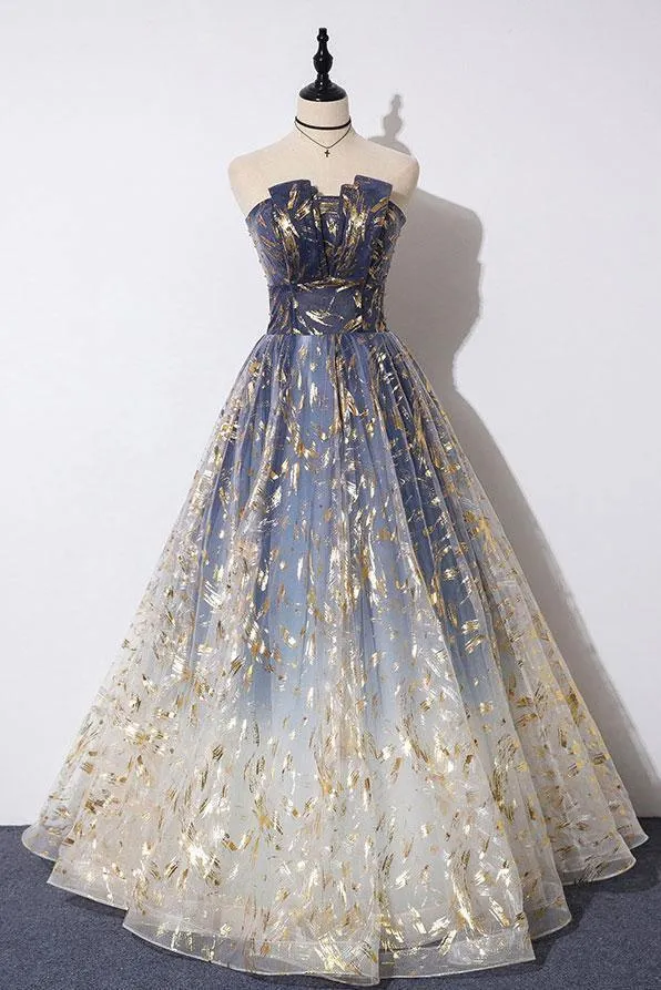 Unique A Line Strapless Ombre Long Prom Dress Stunning Party Dresses TP0943
