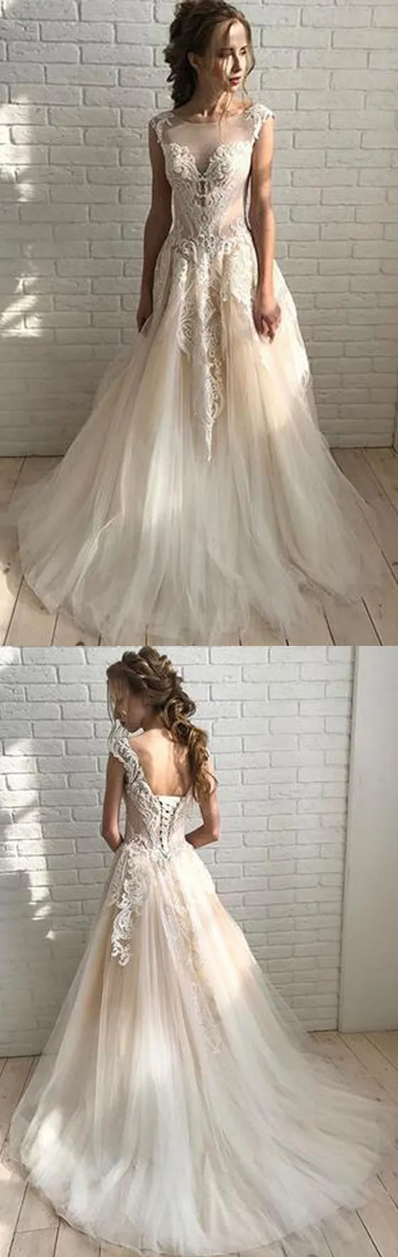 Unique Lace Formal A Line Lace Up Back Cheap Long Wedding Dresses, BGP235