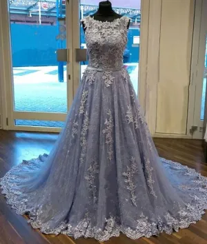 Unique round neck lace tulle long prom dress, lace evening dress