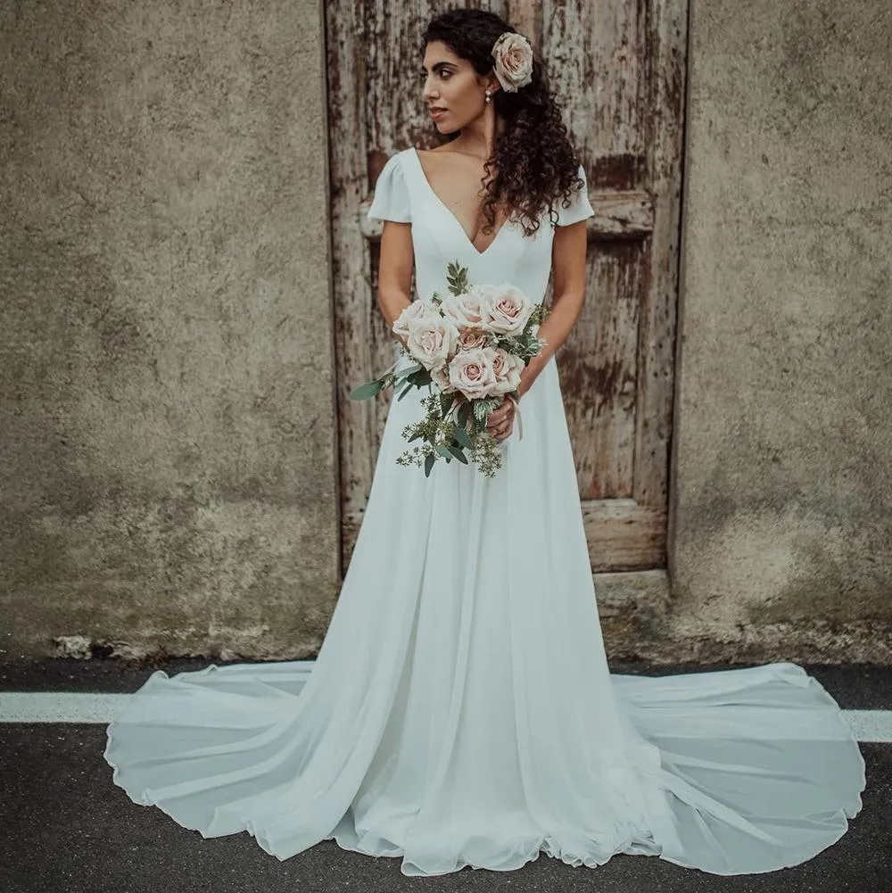 V Neck A-line Short Sleeves Wedding Dress Long Bridal Gowns OKX87