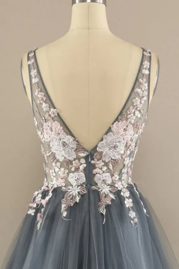 V Neck Ball Gown Tulle Prom Dress Floral Lace Party Dress APP0699